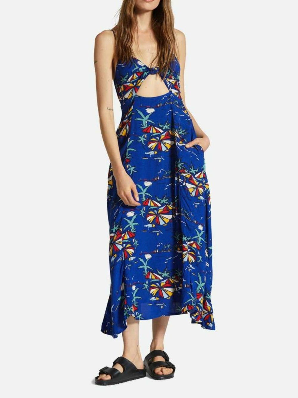 Brixton Riviera Dress Sleeveless Tropical Vacation Cutout Midi Blue Small NEW